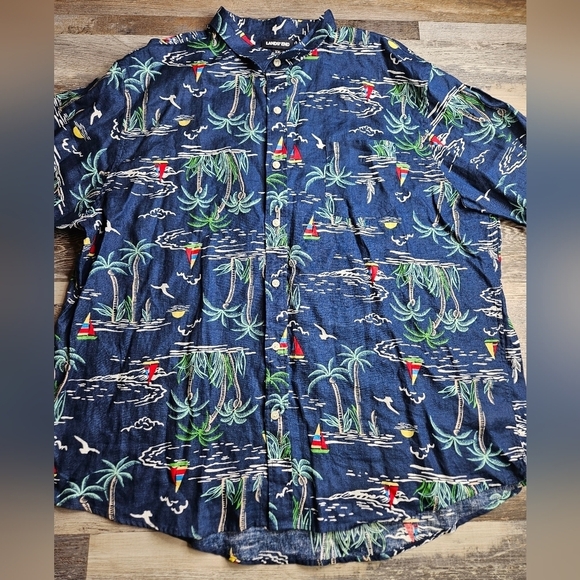 Land's End Mend XXL Linen Button Down Shirt Tropical Sailboats - Picture 1 of 10